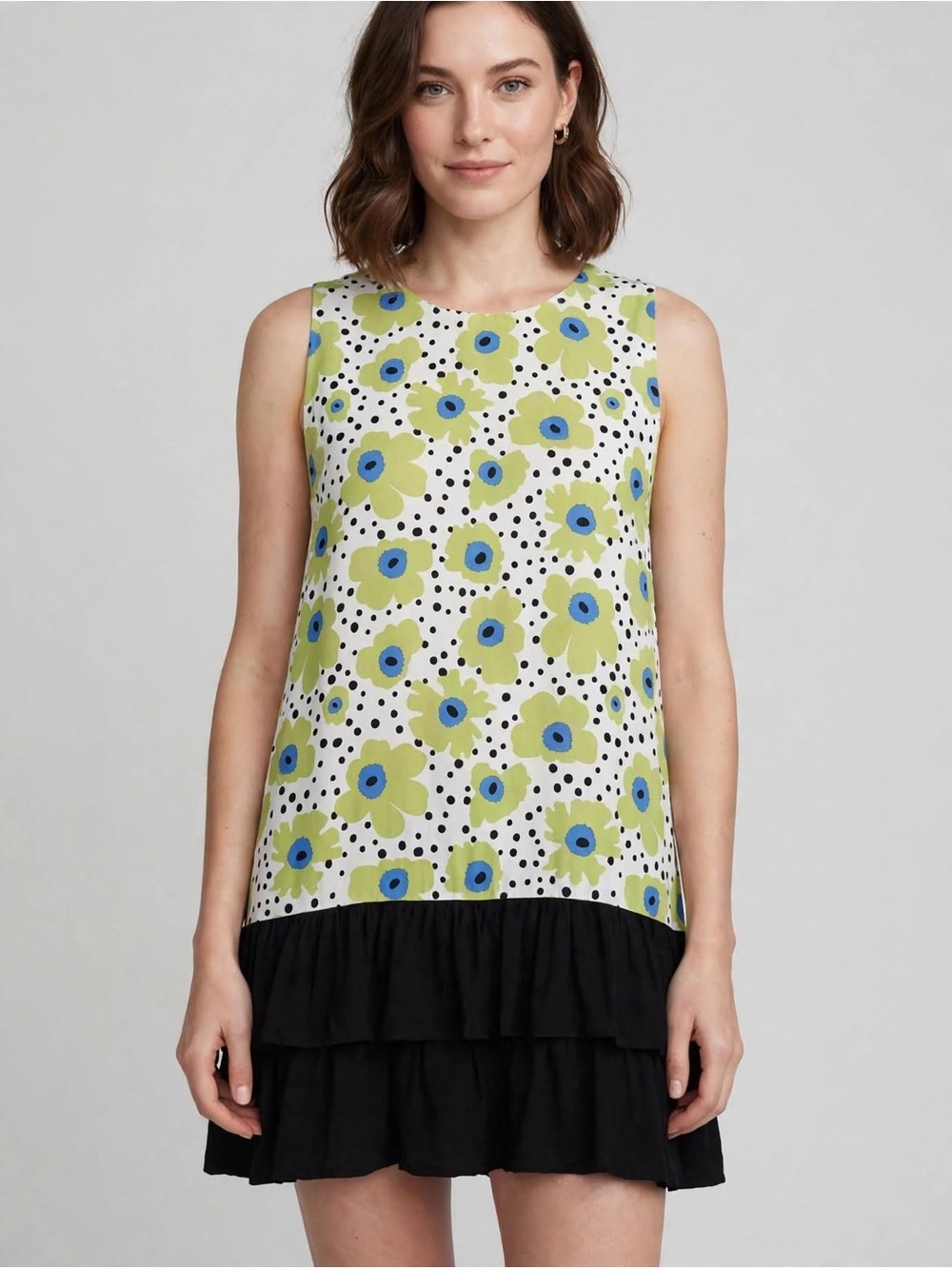 Sleeveless Floral Print Shift Tunic with Black Ruffle Hem